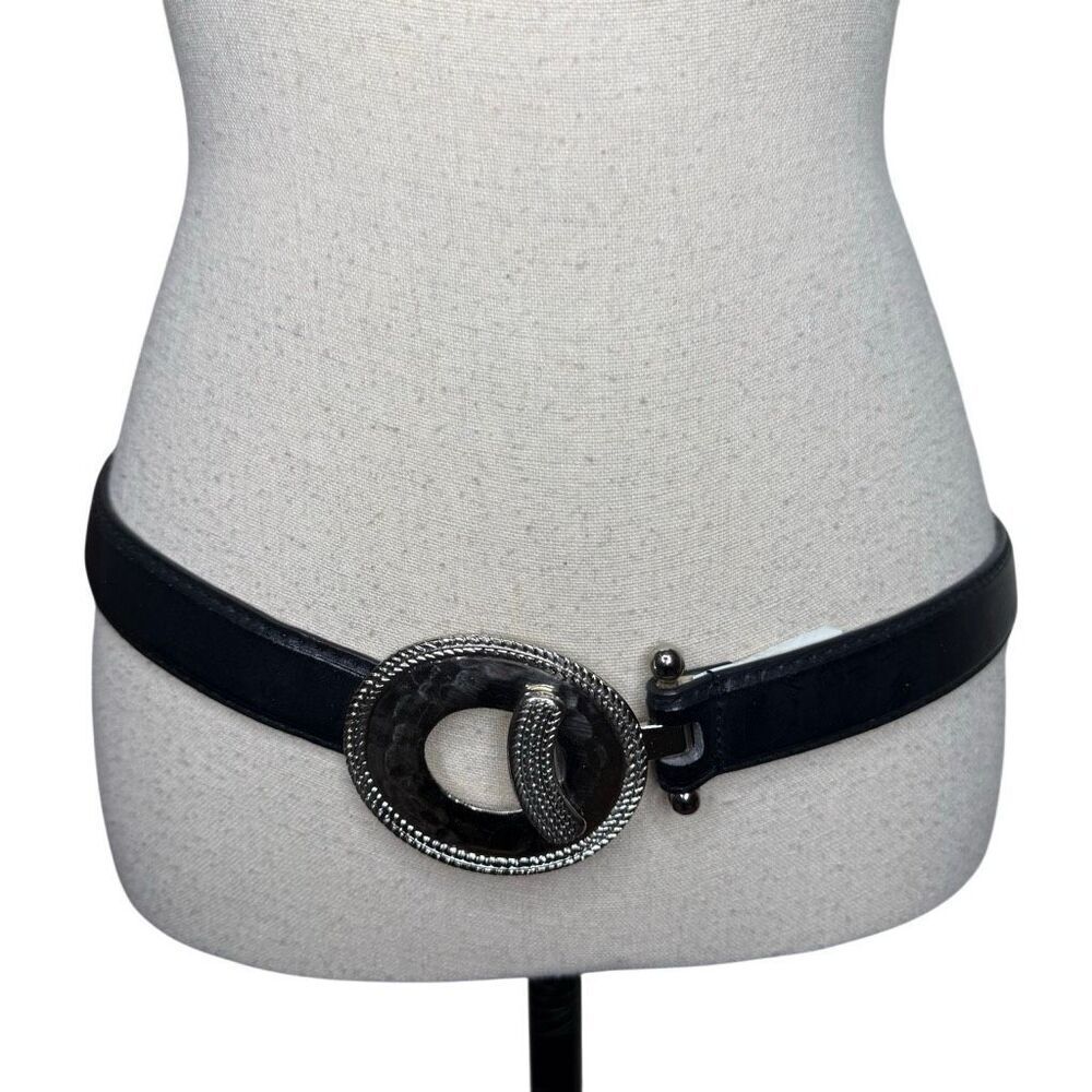 Faux Leather Belt Brown Adjustable With Interlocking Hammered Metal Buckle Sz L